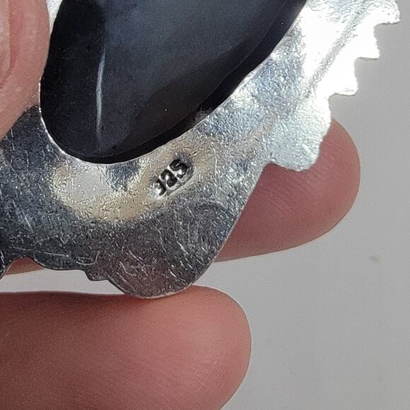 Handmade Silver Pendant with Dendritic Agate and Red Garnets in Bezel Setting - Picture 5 of 10